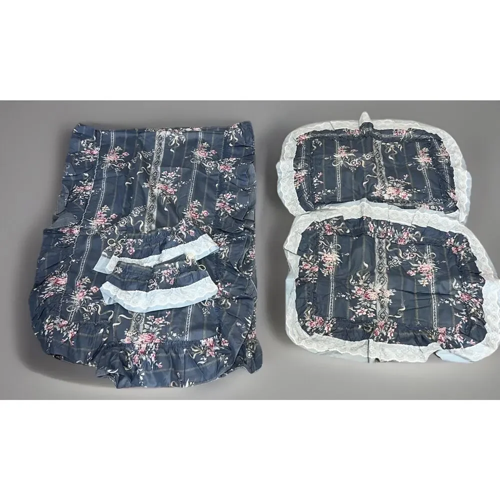 Vtg Cottagecore Blue Floral Curtain Panels, Tie Backs & Pillow Shams Shabby Chic